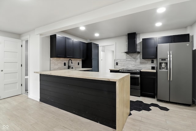8138 Harrison Dr, Lawrence, IN 46226 - kitchen featuring appliances with stainless steel finishes, wall chimney range hood, light countertops, a peninsula, and recessed lighting
