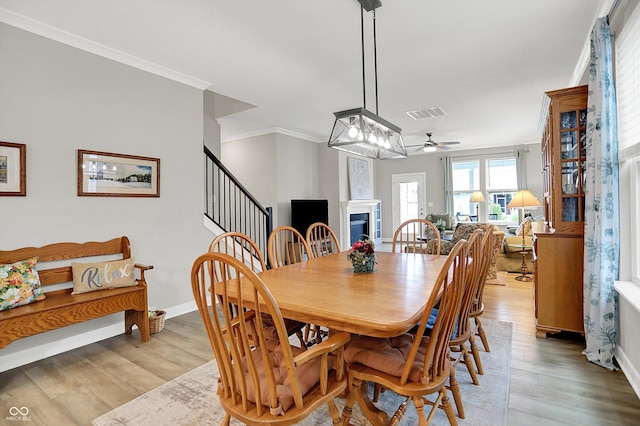 355 Ehrlich Ln, Westfield, IN 46074 - dining room with a ceiling fan, light wood-type flooring, a fireplace, and ornamental molding