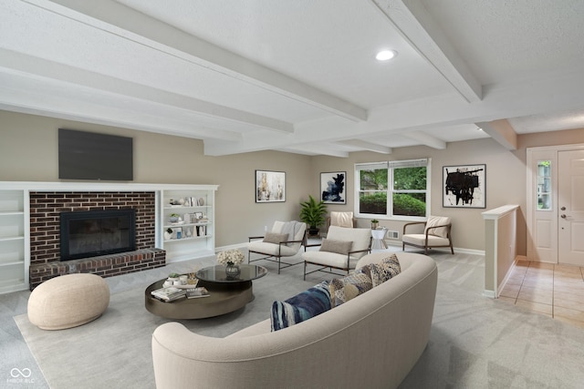 10184 Lakeshore Dr E, Carmel, IN 46033 - carpeted living room featuring beamed ceiling, recessed lighting, a textured ceiling, and a brick fireplace