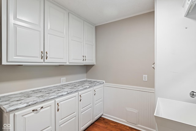 10184 Lakeshore Dr E, Carmel, IN 46033 - kitchen featuring white cabinetry, wainscoting, dark wood-type flooring, and ornamental molding