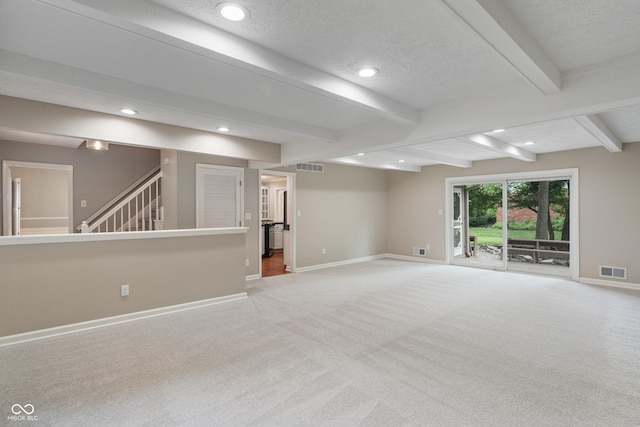 10184 Lakeshore Dr E, Carmel, IN 46033 - empty room with carpet floors, beamed ceiling, recessed lighting, stairway, and a textured ceiling