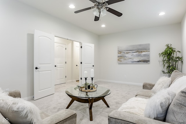 2570 Congress St, Carmel, IN 46032 - living room with light colored carpet, a ceiling fan, and recessed lighting