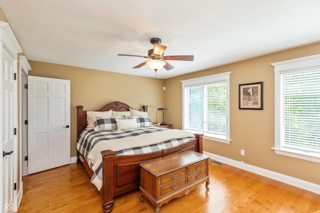 3750 S Whitehorse Rd, Nashville, IN 47448 - bedroom with light wood-style flooring, multiple windows, and a ceiling fan