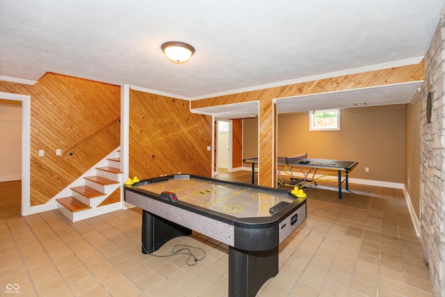 3750 S Whitehorse Rd, Nashville, IN 47448 - recreation room featuring wood walls, crown molding, and light tile patterned floors