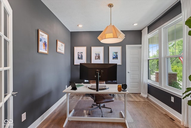 1275 Stonehaven Dr, Westfield, IN 46074 - office area with wood finished floors, a textured ceiling, and recessed lighting