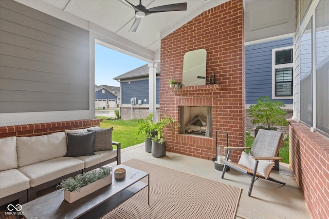 1275 Stonehaven Dr, Westfield, IN 46074 - view of patio with an outdoor living space with a fireplace and ceiling fan