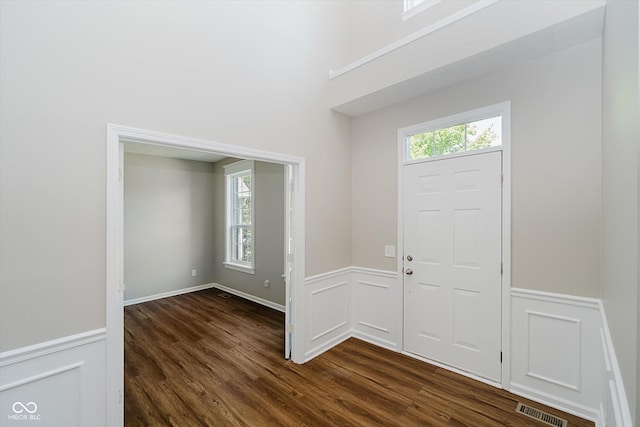 13722 Wendessa Dr, Fishers, IN 46038 - foyer featuring plenty of natural light, dark wood-style flooring, and a wainscoted wall