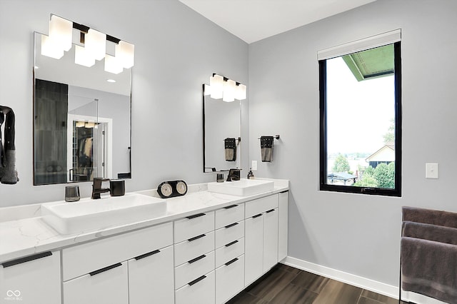 13417 Cambridge Cove Way, Fishers, IN 46055 - bathroom featuring double vanity, wood finished floors, healthy amount of natural light, and a shower with door