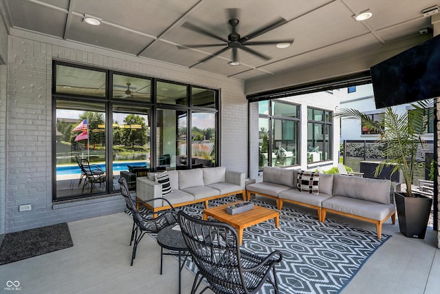 13417 Cambridge Cove Way, Fishers, IN 46055 - view of patio / terrace featuring an outdoor hangout area, ceiling fan, and an outdoor pool