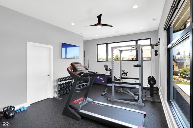 13417 Cambridge Cove Way, Fishers, IN 46055 - workout room with ceiling fan and recessed lighting