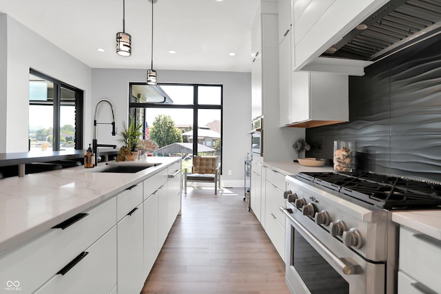 13417 Cambridge Cove Way, Fishers, IN 46055 - kitchen featuring stainless steel appliances, under cabinet range hood, white cabinetry, backsplash, and light wood-style floors