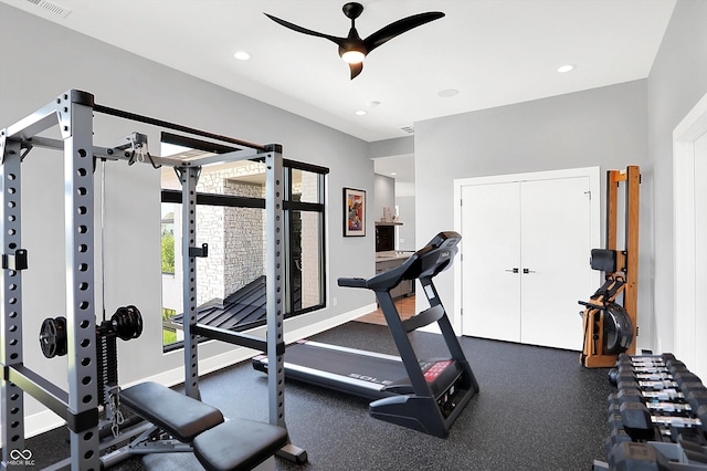 13417 Cambridge Cove Way, Fishers, IN 46055 - exercise room featuring a ceiling fan and recessed lighting