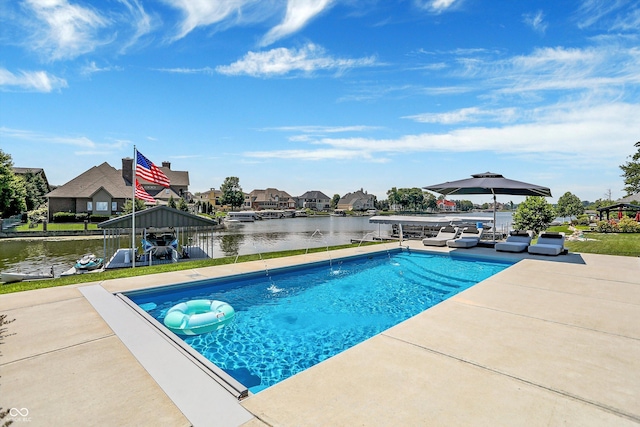 13417 Cambridge Cove Way, Fishers, IN 46055 - outdoor pool featuring a water view, a patio area, a residential view, and a gazebo
