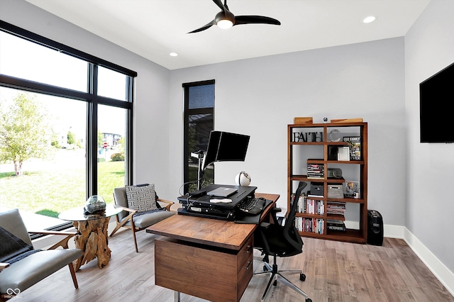 13417 Cambridge Cove Way, Fishers, IN 46055 - home office with light wood-type flooring, ceiling fan, and recessed lighting