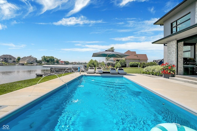 13417 Cambridge Cove Way, Fishers, IN 46055 - outdoor pool featuring a water view, grilling area, and a patio