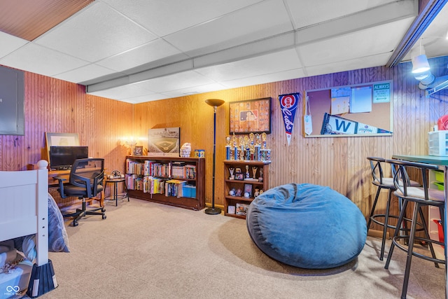 11534 Capistrano Cir, Indianapolis, IN 46236 - carpeted home office with wood walls and a paneled ceiling