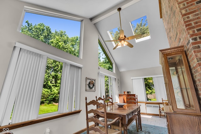 11534 Capistrano Cir, Indianapolis, IN 46236 - dining area featuring high vaulted ceiling, a skylight, ceiling fan, and beam ceiling