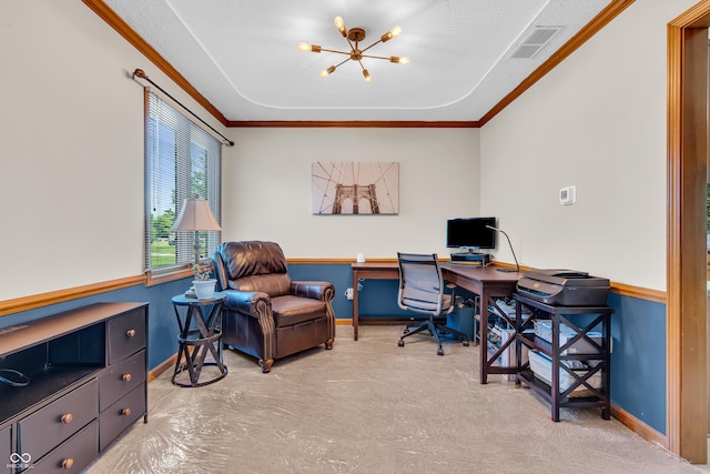 11534 Capistrano Cir, Indianapolis, IN 46236 - carpeted home office featuring ornamental molding and a chandelier