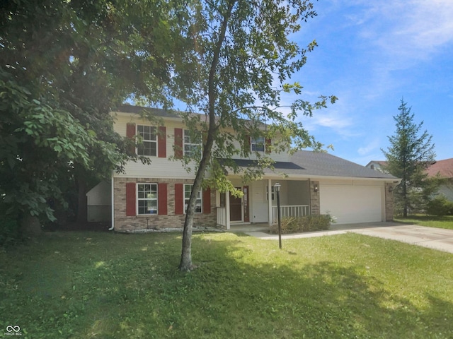 81 Brookland Ln, Pittsboro, IN 46167 - view of front of property with concrete driveway, an attached garage, a front lawn, a porch, and brick siding