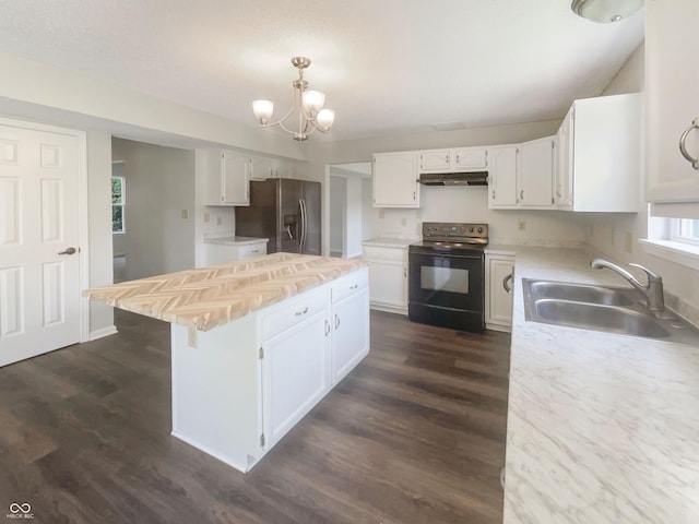 81 Brookland Ln, Pittsboro, IN 46167 - kitchen featuring stainless steel fridge with ice dispenser, black range with electric stovetop, a kitchen island, dark wood-style floors, and under cabinet range hood