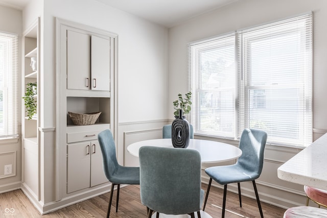 316 Ohmer Ave, Indianapolis, IN 46219 - dining area featuring light wood finished floors, a decorative wall, and wainscoting