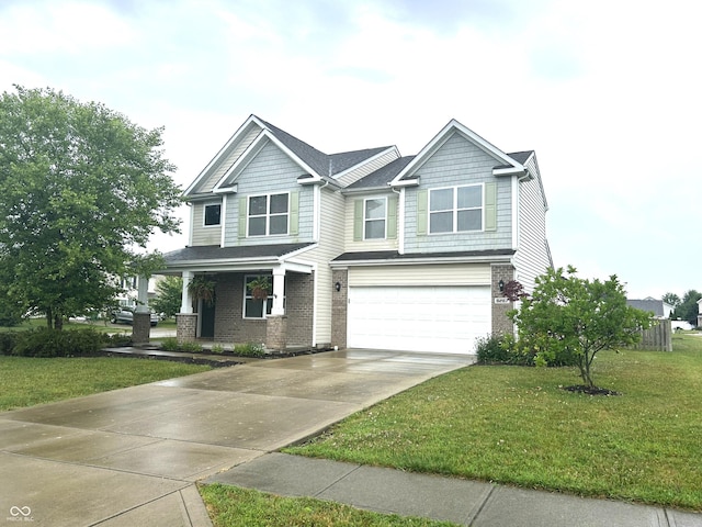 8287 Falkirk Dr, Avon, IN 46123 - craftsman inspired home with brick siding, driveway, a garage, a front lawn, and covered porch