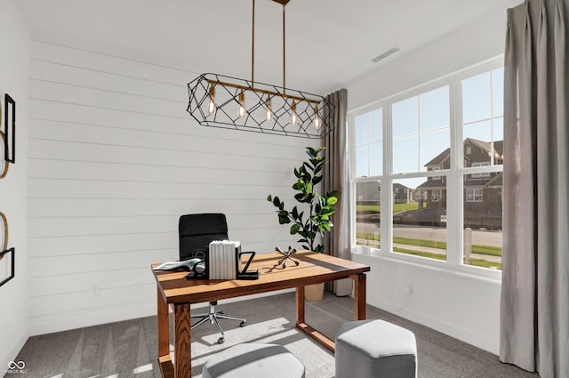 17040 Daly Dr, Noblesville, IN 46062 - carpeted home office featuring baseboards and wood walls