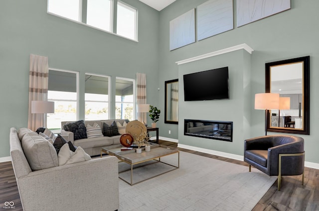 17040 Daly Dr, Noblesville, IN 46062 - living room featuring wood finished floors, a high ceiling, and a glass covered fireplace