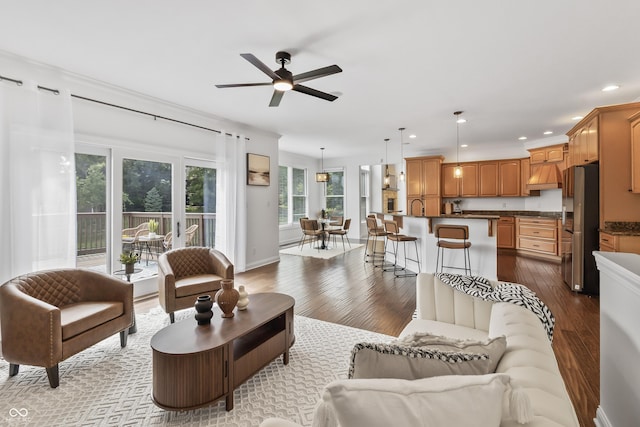 9877 Wading Crane Ave, Fishers, IN 46055 - living area featuring dark wood-type flooring, ceiling fan, and recessed lighting