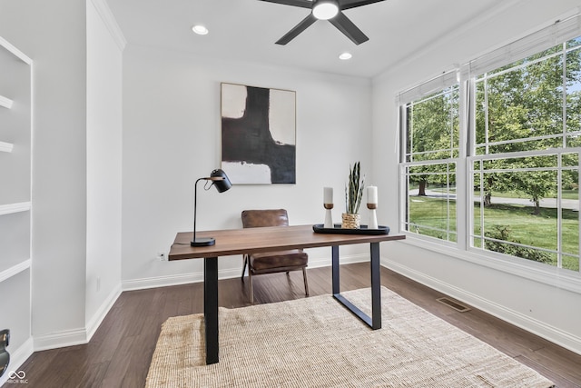 9877 Wading Crane Ave, Fishers, IN 46055 - office area featuring healthy amount of natural light, ceiling fan, dark wood-style flooring, and recessed lighting