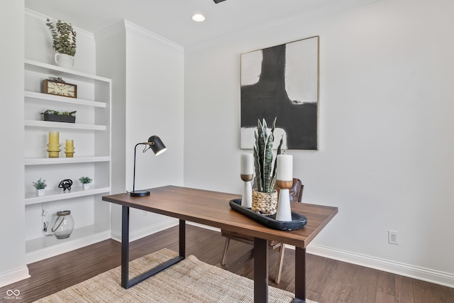 9877 Wading Crane Ave, Fishers, IN 46055 - office area with wood finished floors, built in shelves, ornamental molding, and recessed lighting