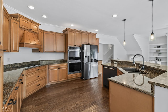 9877 Wading Crane Ave, Fishers, IN 46055 - kitchen featuring black appliances, ornamental molding, custom exhaust hood, dark wood-style floors, and recessed lighting