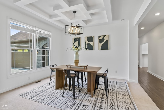 9877 Wading Crane Ave, Fishers, IN 46055 - dining room with recessed lighting, a chandelier, coffered ceiling, beam ceiling, and carpet flooring