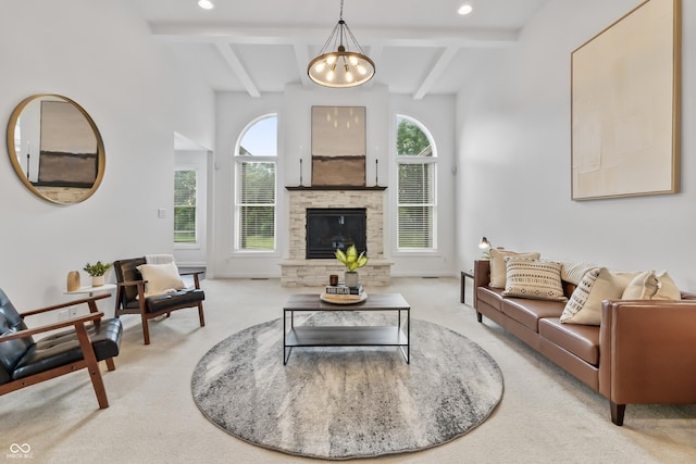 9877 Wading Crane Ave, Fishers, IN 46055 - living area featuring light carpet, beamed ceiling, a fireplace, recessed lighting, and a chandelier