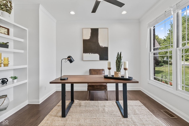 9877 Wading Crane Ave, Fishers, IN 46055 - office space with plenty of natural light, ceiling fan, dark wood-type flooring, crown molding, and built in shelves