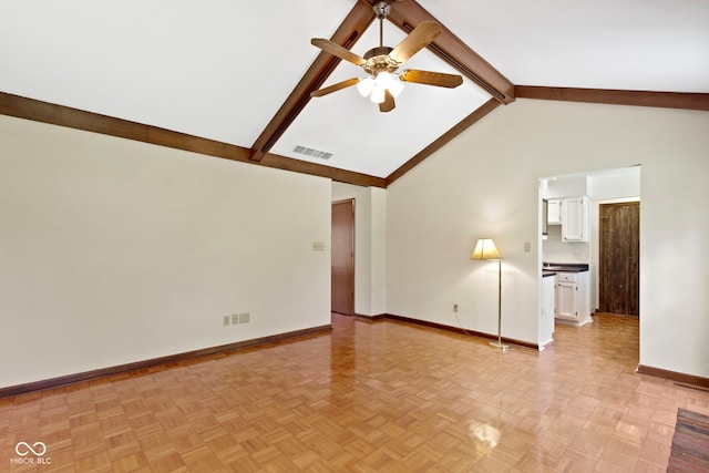 4143 E 61st St, Indianapolis, IN 46220 - unfurnished living room featuring ceiling fan, beamed ceiling, and high vaulted ceiling