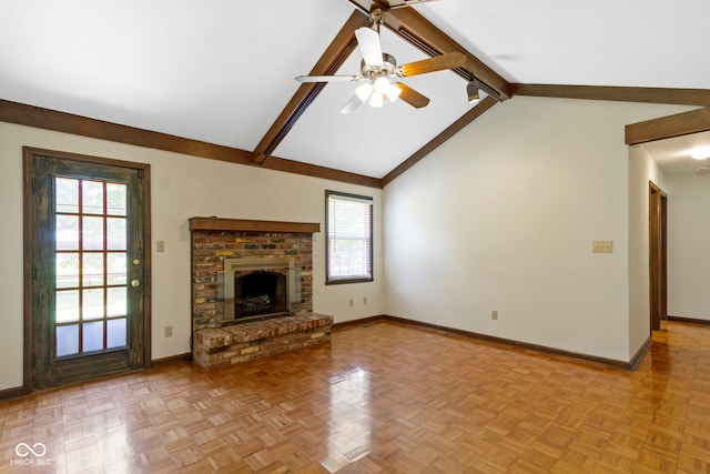 4143 E 61st St, Indianapolis, IN 46220 - unfurnished living room with plenty of natural light, beam ceiling, a ceiling fan, a brick fireplace, and high vaulted ceiling