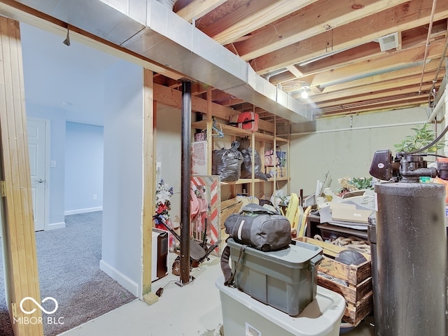 3902 Jekyll Ct, Indianapolis, IN 46237 - unfinished below grade area with carpet flooring and a water softener