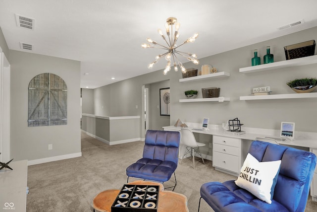 948 Shadow Dr, Danville, IN 46122 - office with built in study area, light colored carpet, and a chandelier