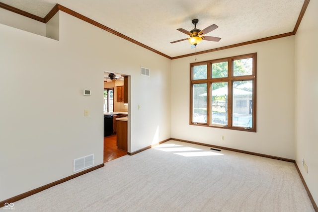 6926 Princess Ln, Avon, IN 46123 - unfurnished room with light carpet, ceiling fan, and crown molding