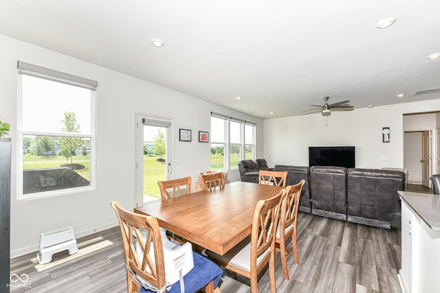 7101 Oak Trace Ln, Brownsburg, IN 46112 - dining area with wood finished floors, a ceiling fan, and recessed lighting