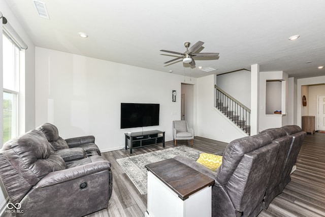 7101 Oak Trace Ln, Brownsburg, IN 46112 - living room with stairway, a ceiling fan, wood finished floors, and recessed lighting
