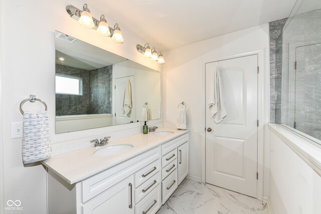 7101 Oak Trace Ln, Brownsburg, IN 46112 - full bathroom featuring double vanity and marble look tile flooring