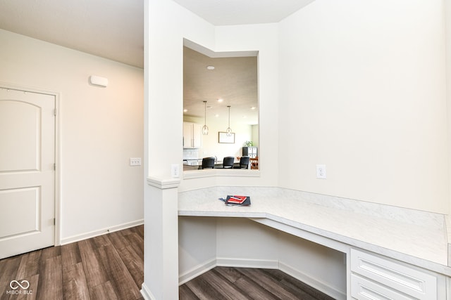 7101 Oak Trace Ln, Brownsburg, IN 46112 - unfurnished office with built in study area, dark wood finished floors, and recessed lighting