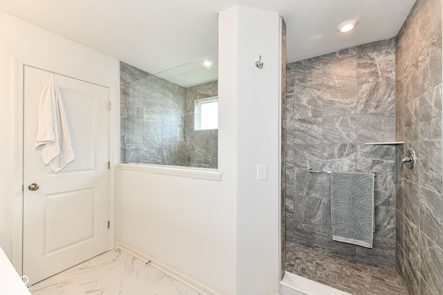 7101 Oak Trace Ln, Brownsburg, IN 46112 - full bathroom featuring marble look tile flooring, walk in shower, and recessed lighting