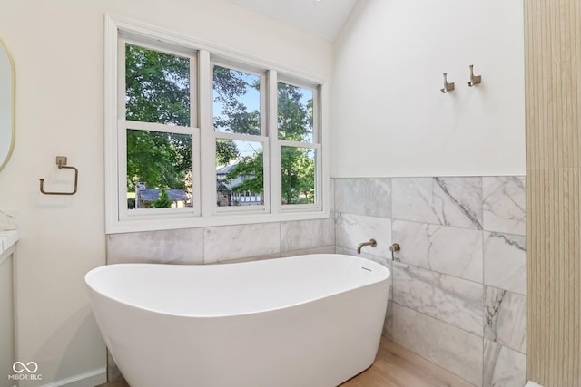 11845 Discovery Cir, Indianapolis, IN 46236 - full bath with tile walls, a freestanding tub, vanity, and a wainscoted wall
