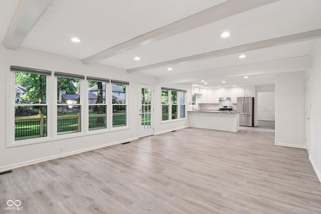 11845 Discovery Cir, Indianapolis, IN 46236 - unfurnished living room with recessed lighting, beam ceiling, and light wood finished floors
