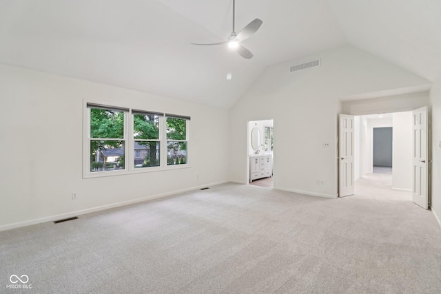 11845 Discovery Cir, Indianapolis, IN 46236 - unfurnished bedroom with light colored carpet, high vaulted ceiling, and ceiling fan