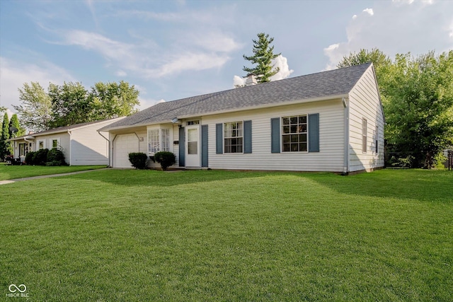 2466 Sickle Rd, Indianapolis, IN 46219 - ranch-style house featuring a garage, a front yard, and a chimney