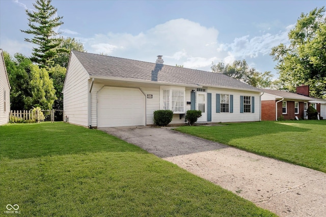 2466 Sickle Rd, Indianapolis, IN 46219 - ranch-style house with a chimney, a garage, and concrete driveway